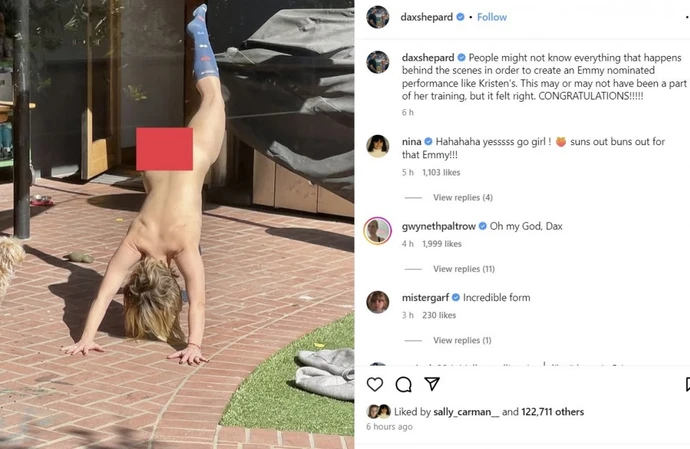 Dax Shepard has posted a nude picture of his wife Kristen Bell performing a yoga pose to celebrate her first-ever Emmy nomination