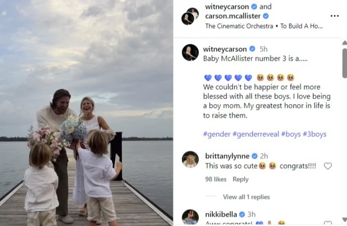 Witney Carson finds out sex of 3rd baby with husband Carson McAllister and their sons Leo and Jet